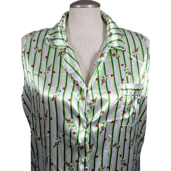 Womens Blouse Size XL Striped Sleeveless Floral Satiny Shiny Button Up Collared - Picture 2 of 6